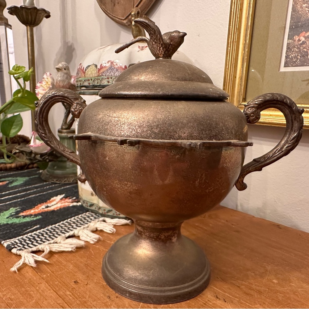 Vintage Silver Plated Sugar Bowl with Bird Figure on Lid